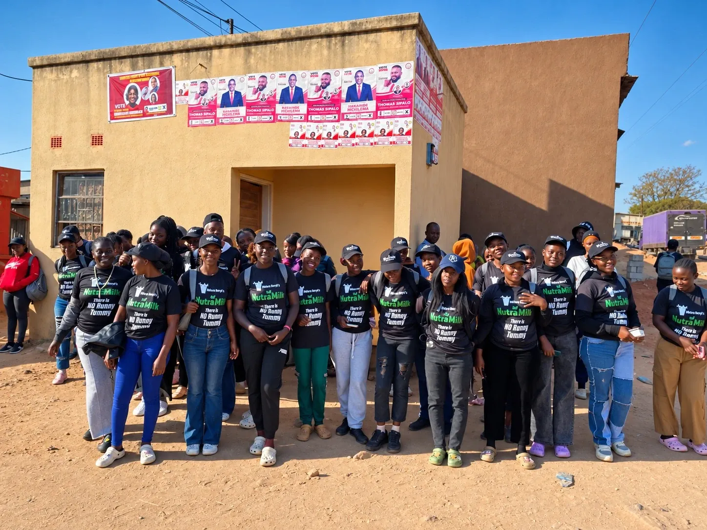 Door-to-door team gathered in a Lusaka compound