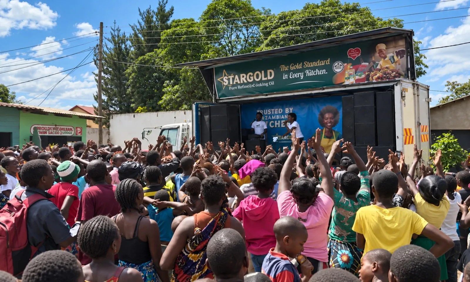 Star Gold roadshow stage with a crowd cheering in a Lusaka compound